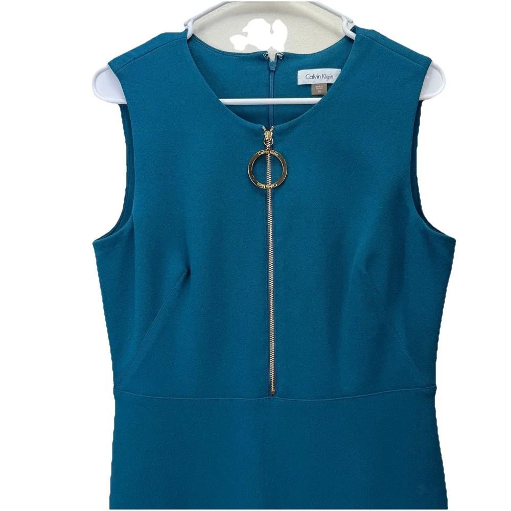 Calvin Klein Teal Sleeveless Stretch Crepe Front Zip Sheath Dress Size‎ 10